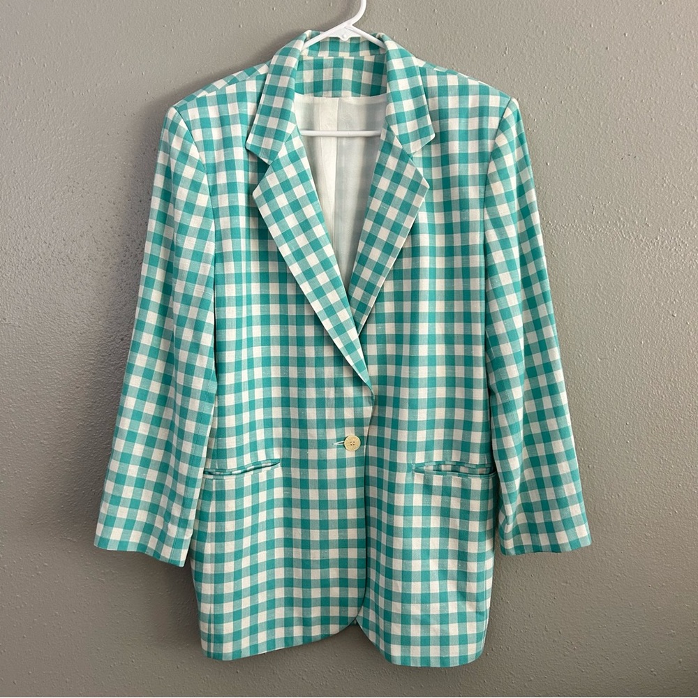 Vintage Loehmann’s Blue White Gingham Check Linen Blend Blazer Jacket Women’s 14